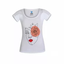 تیشرت آستین کوتاه زنانه تاپیک مدل ضدتعریق طرح چهره و گلبرگ رنگ سفید