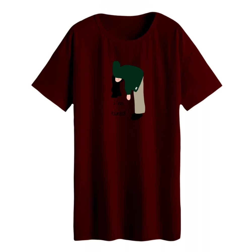 تی شرت لانگ زنانه مدل دخترک دراز رنگ زرشکی