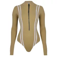 بادی آستین بلند زنانه دکسونری مدل 256003957 کبریتی نیم زیپ رنگ نسکافه ای