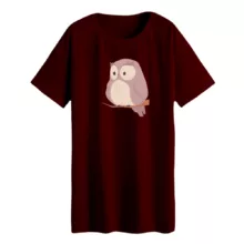 تی شرت لانگ زنانه مدل جغد کارتونی رنگ زرشکی