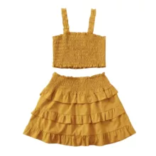 ست نیم تنه و دامن زنانه مدل نخی تابستانه رنگ خردلی