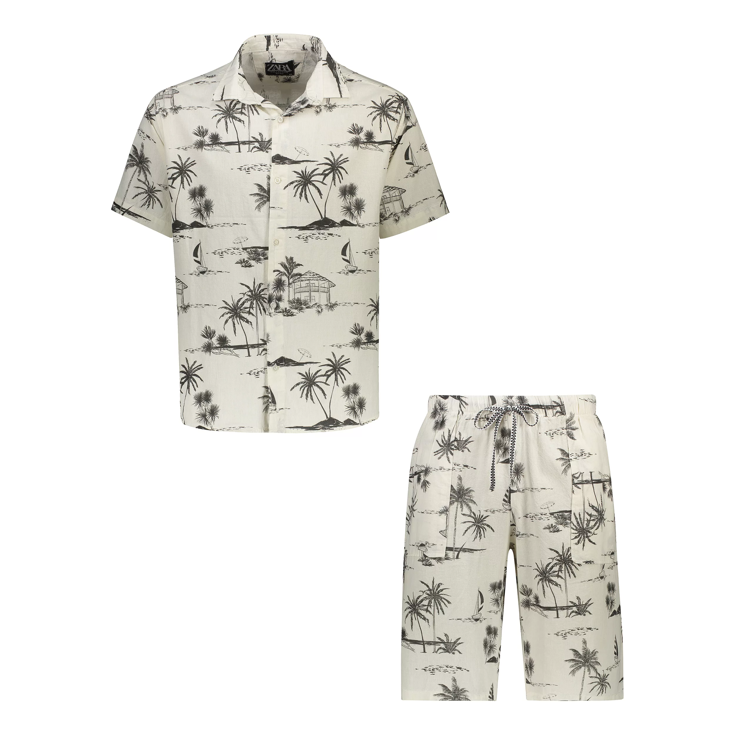 ست پیراهن آستین کوتاه و شلوارک راحتی مردانه مدل هاوایی نخل و کلبه