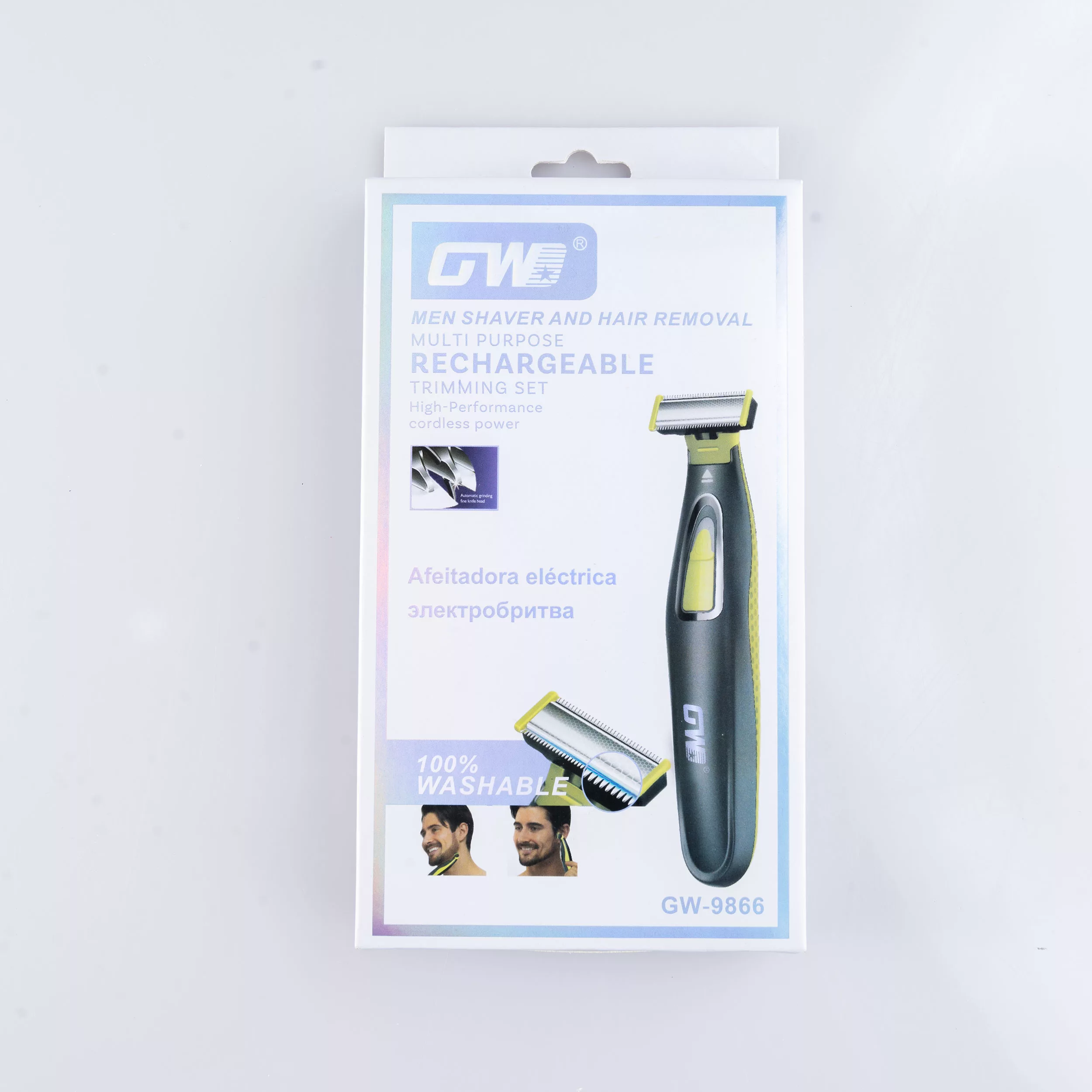 ماشین اصلاح موی صورت شارژی جی دبلیو مدل GW-9866، اصلاح به صورت صفر زن، طراحی ارگونومیک، منبع انرژی با باتری، تکنولوژی اصلاح به صورت تریمر، اندازه اصلاح 0.1 میلیمتر، مدت زمان شارژ 480 دقیقه، دارای بدنه ضد لغزش، به همراه برس تمیزکننده و کابل شارژ USB