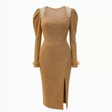 پیراهن یقه دلبری زنانه مدل نگیندار رنگ طلایی