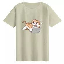 تی‌شرت لانگ آستین کوتاه زنانه مدل گربه و لپ تاپ رنگ کرم