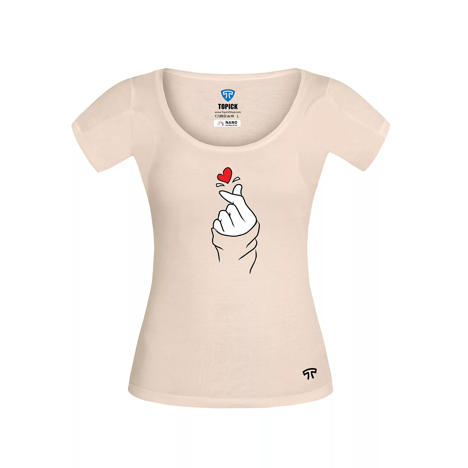 تیشرت آستین کوتاه زنانه تاپیک طرح عشق کره ای مدل ضدتعریق مودال رنگ کرم