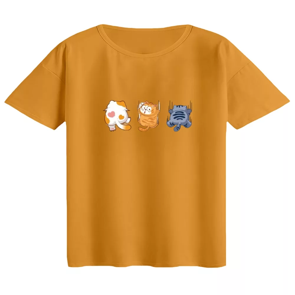 تی‌شرت  اورسایز آستین کوتاه زنانه مدل باکسی طرح گربه های آویز رنگ پرتقالی