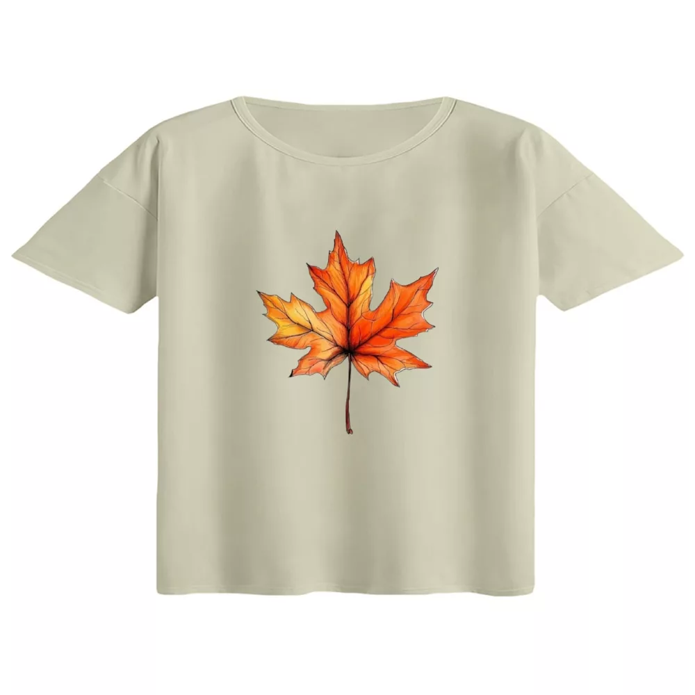 کراپ تی‌شرت آستین کوتاه زنانه مدل برگ پاییز