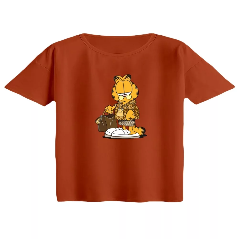 کراپ تی‌شرت آستین کوتاه زنانه مدل گارفیلد مارک پوش رنگ آجری تیره