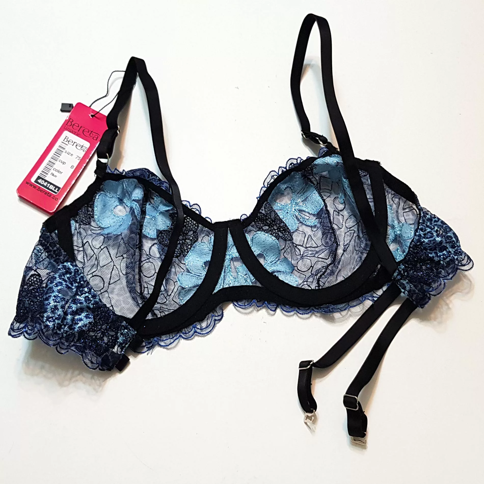 ست شورت و سوتین زنانه برتا مدل فنردار پلنگی کد 5104-4041-BLL رنگ آبی به همراه نگهدارنده جوراب