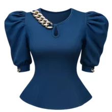 بلوز آستین سه ربع یقه گرد زنانه مدل عروسکی زنجیری رنگ سرمه‌ای