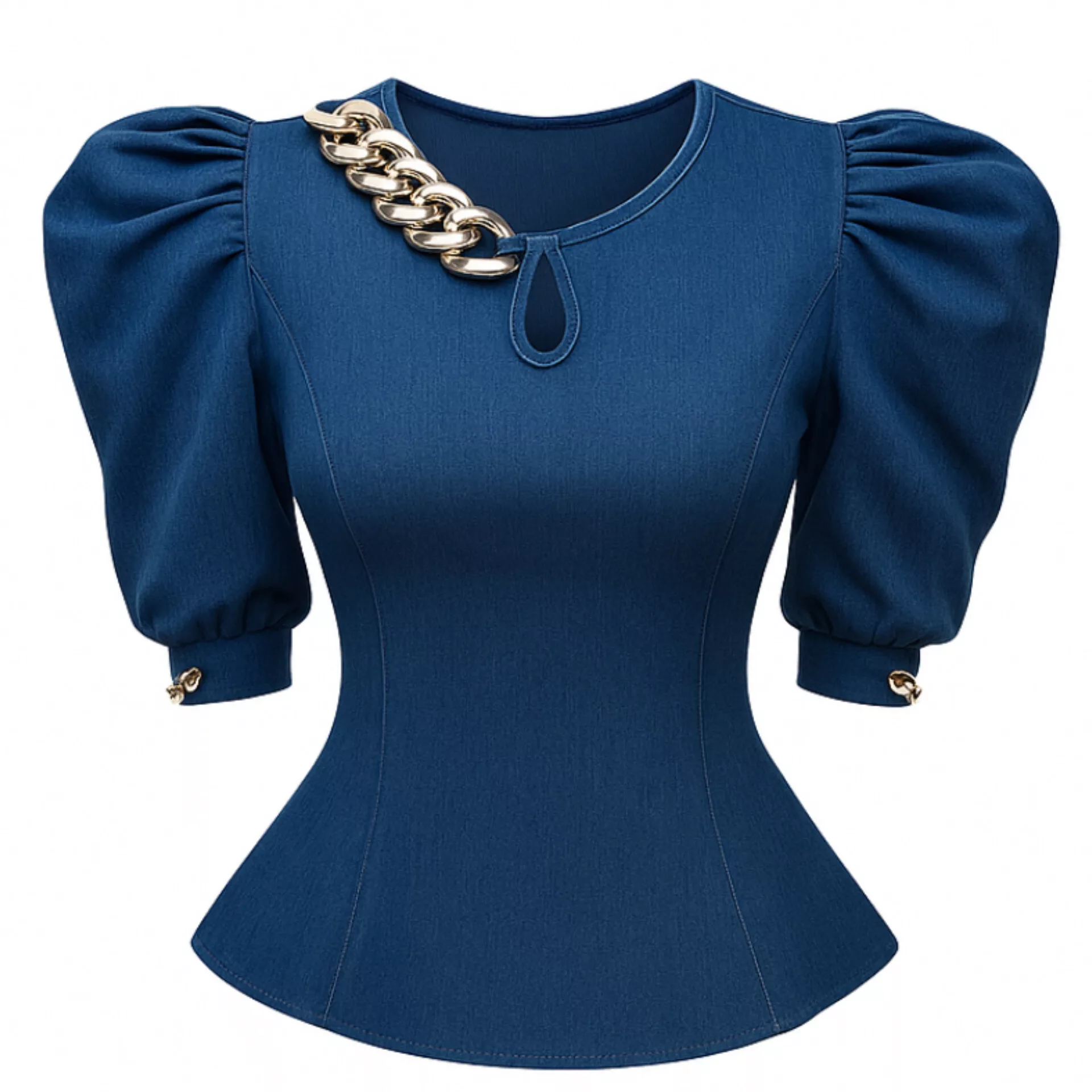 بلوز آستین سه ربع یقه گرد زنانه مدل عروسکی زنجیری رنگ سرمه‌ای