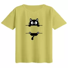 تی‌شرت  اورسایز آستین کوتاه زنانه مدل باکسی طرح گربه آویزان رنگ لیمویی