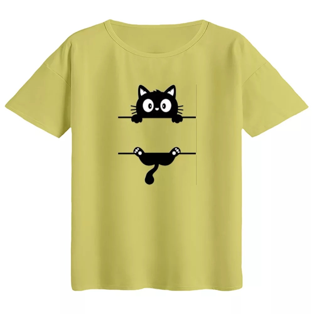 تی‌شرت  اورسایز آستین کوتاه زنانه مدل باکسی طرح گربه آویزان رنگ لیمویی