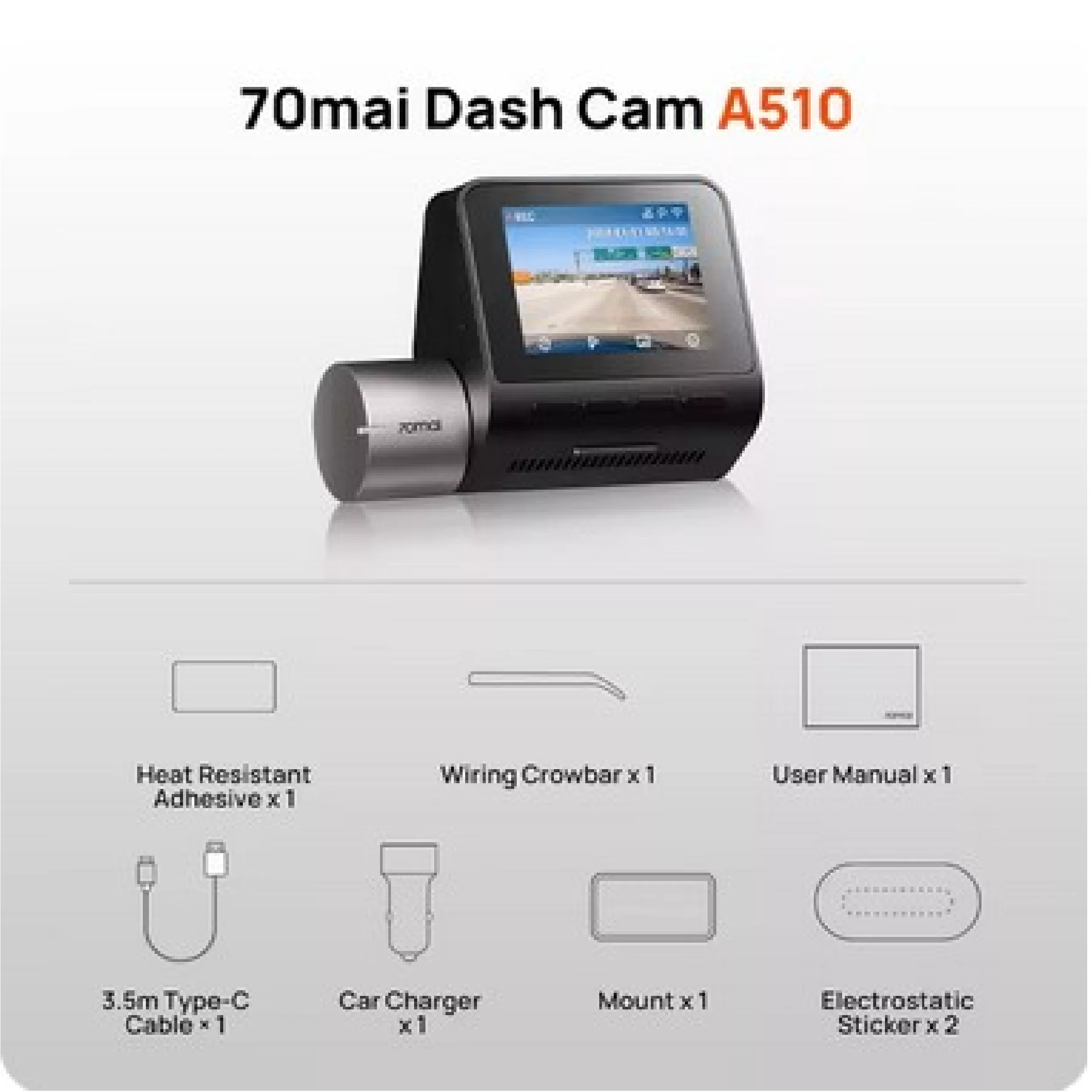 دوربین فیلم برداری خودرو سوِنتی مِی مدل 70mai Dual Dash Cam A510s + RearCam (RC11) به همراه دوربین عقب
