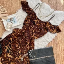 پیراهن یقه قایقی زنانه مدل پلنگی بلا رنگ قهوهای