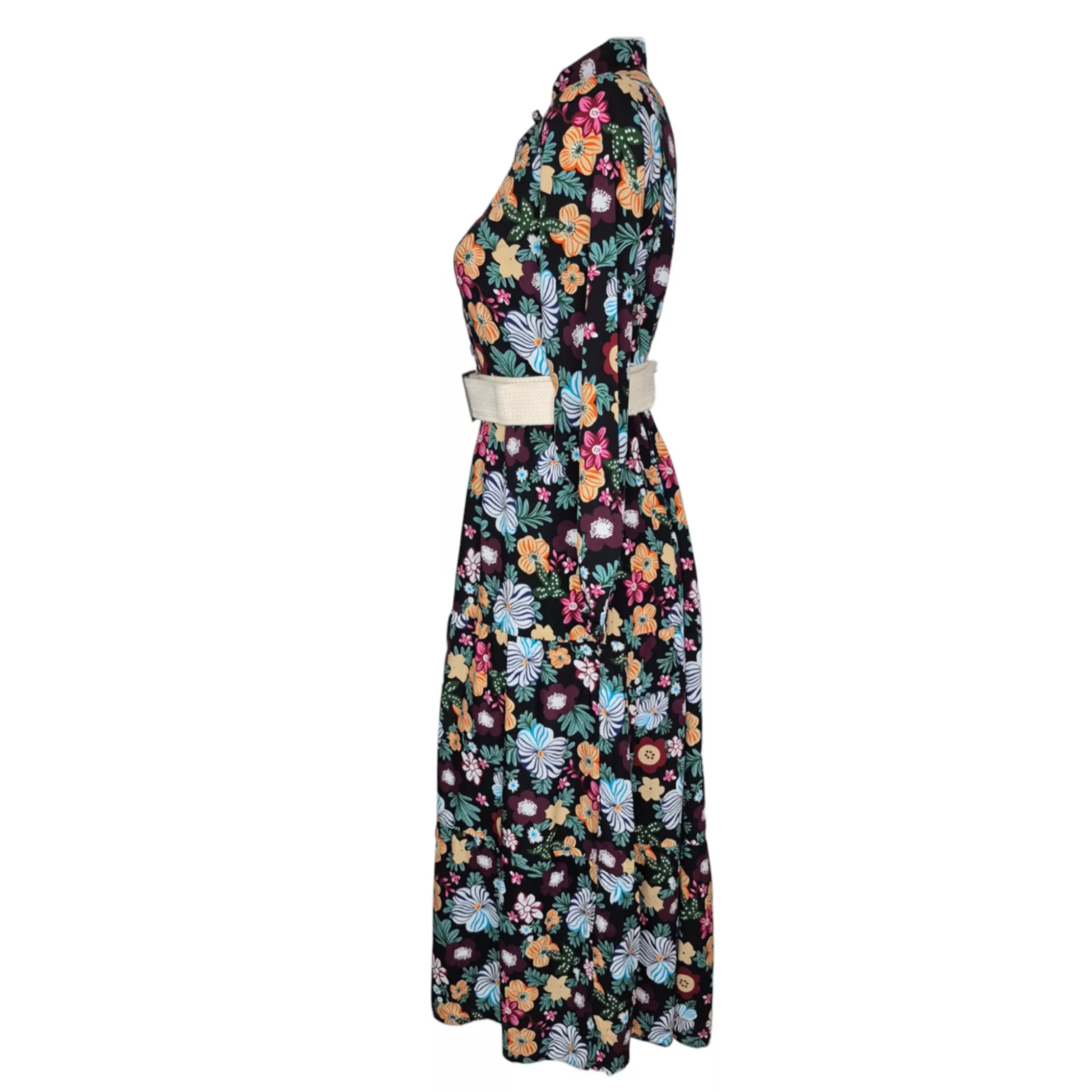 پیراهن یقه هفت زنانه مدل نخی گلدار رنگ مشکی