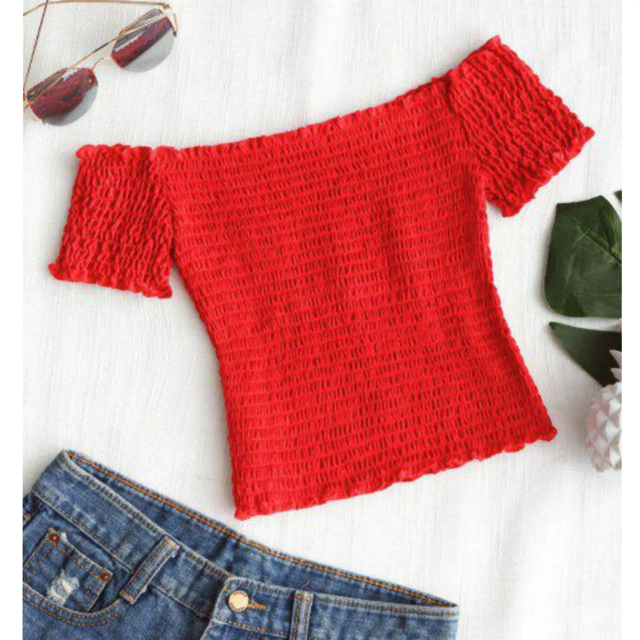 کراپتاپ زنانه مدل نخی تابستانی رنگ قرمز