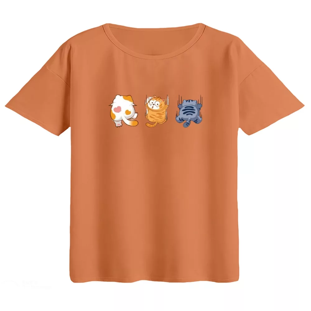 تی‌شرت  اورسایز آستین کوتاه زنانه مدل باکسی طرح گربه های آویز رنگ گلبهی