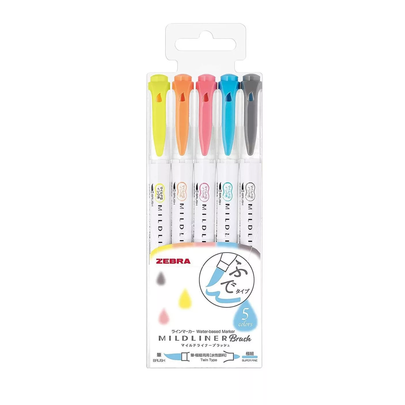 ماژیک علامت گذار زبرا مدل قلمویی MILDLINER Dual Ended Brush بسته 5 عددی