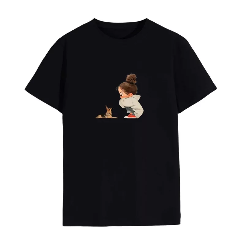 تی شرت لانگ زنانه مدل  دختر و سگ رنگ مشکی