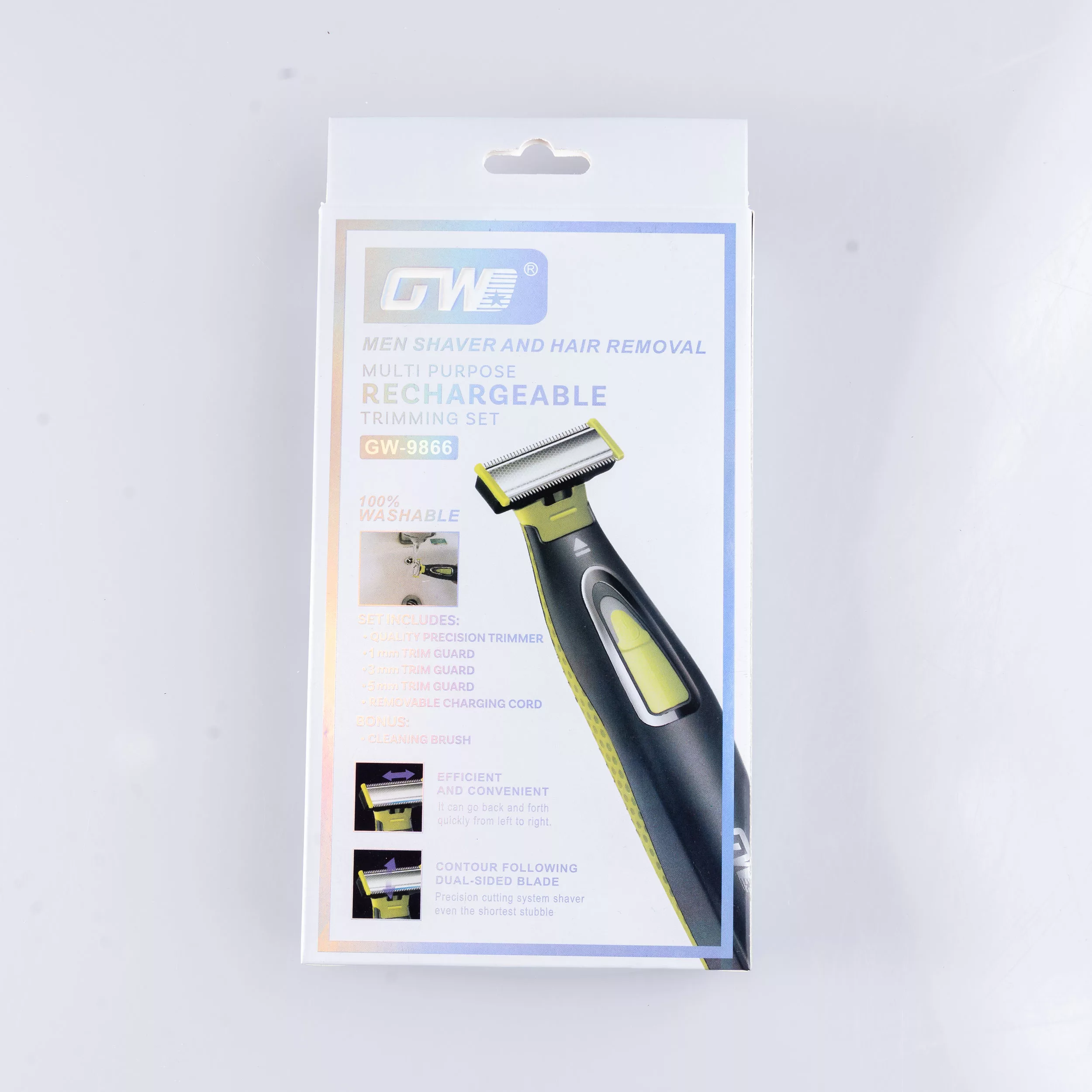 ماشین اصلاح موی صورت شارژی جی دبلیو مدل GW-9866، اصلاح به صورت صفر زن، طراحی ارگونومیک، منبع انرژی با باتری، تکنولوژی اصلاح به صورت تریمر، اندازه اصلاح 0.1 میلیمتر، مدت زمان شارژ 480 دقیقه، دارای بدنه ضد لغزش، به همراه برس تمیزکننده و کابل شارژ USB