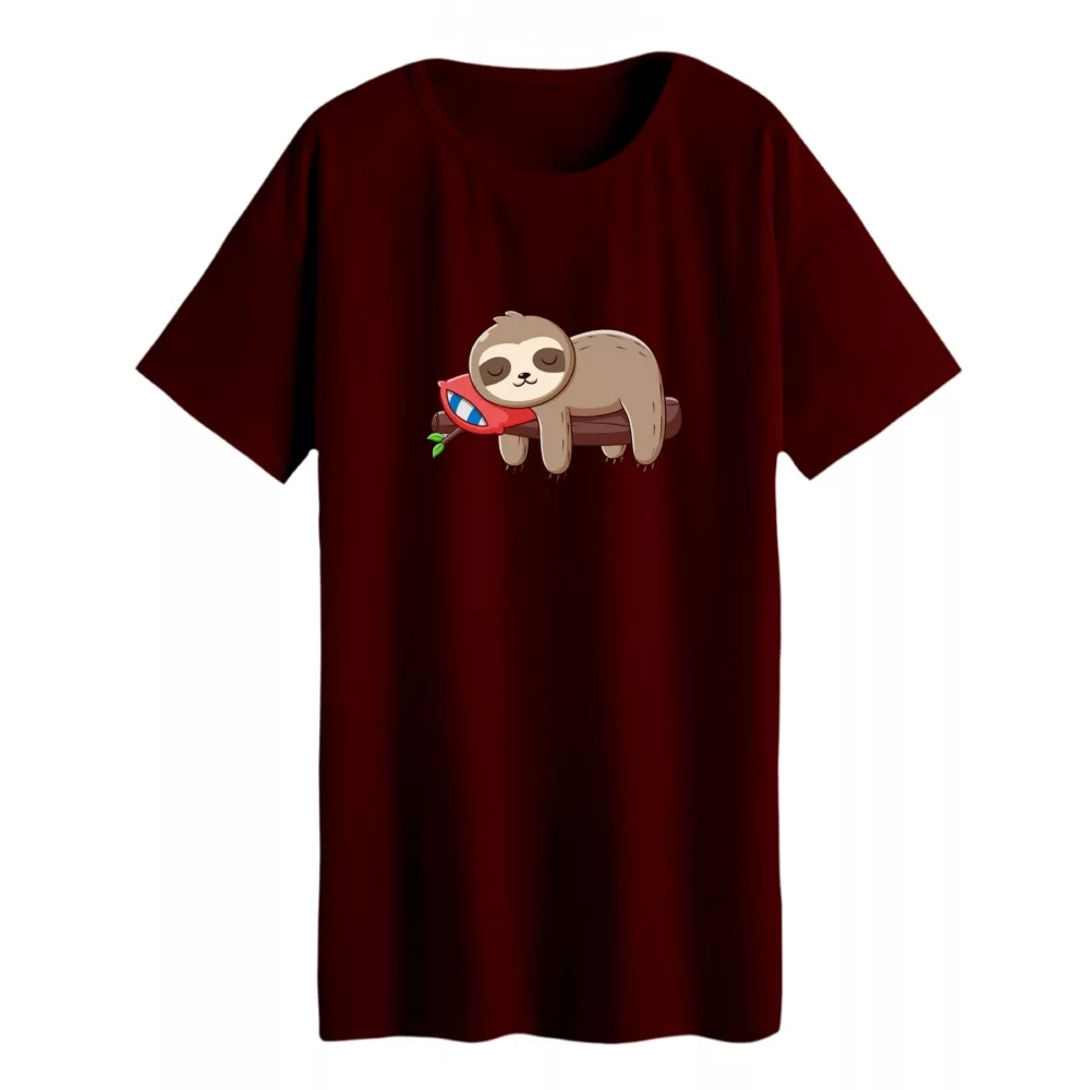 تی شرت لانگ زنانه مدل جغد خسته رنگ زرشکی