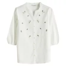 شومیز آستین سه ربع یقه هفت زنانه ال سی وایکیکی مدل Embriodo12 رنگ شیری