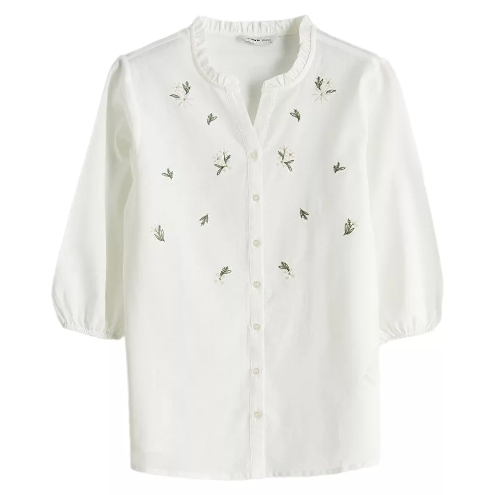 شومیز آستین سه ربع یقه هفت زنانه ال سی وایکیکی مدل Embriodo12 رنگ شیری