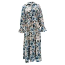 پیراهن ساحلی یقه برگردان زنانه مدل سه بعدی رنگ فیروزه‌ای