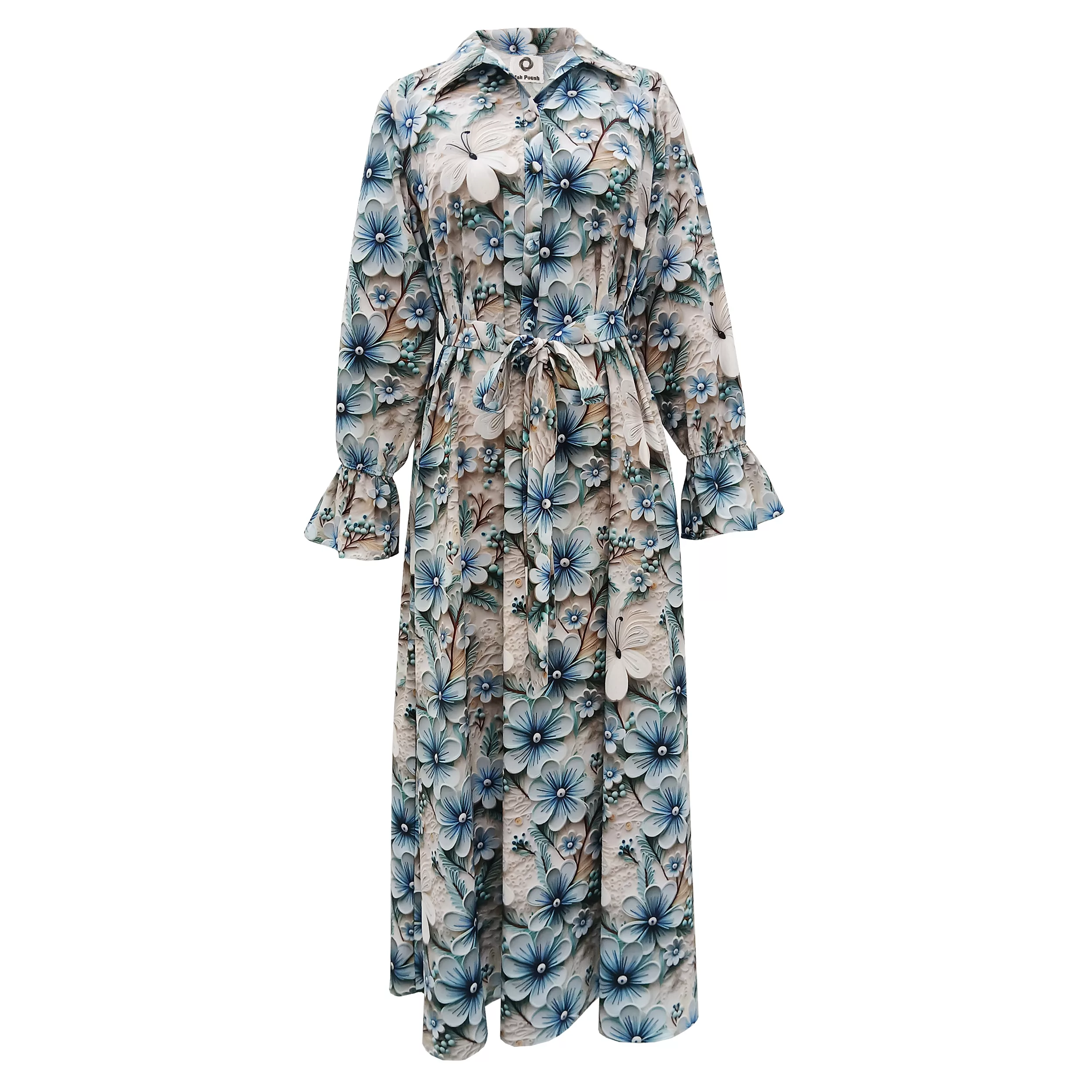 پیراهن ساحلی یقه برگردان زنانه مدل سه بعدی رنگ فیروزه‌ای