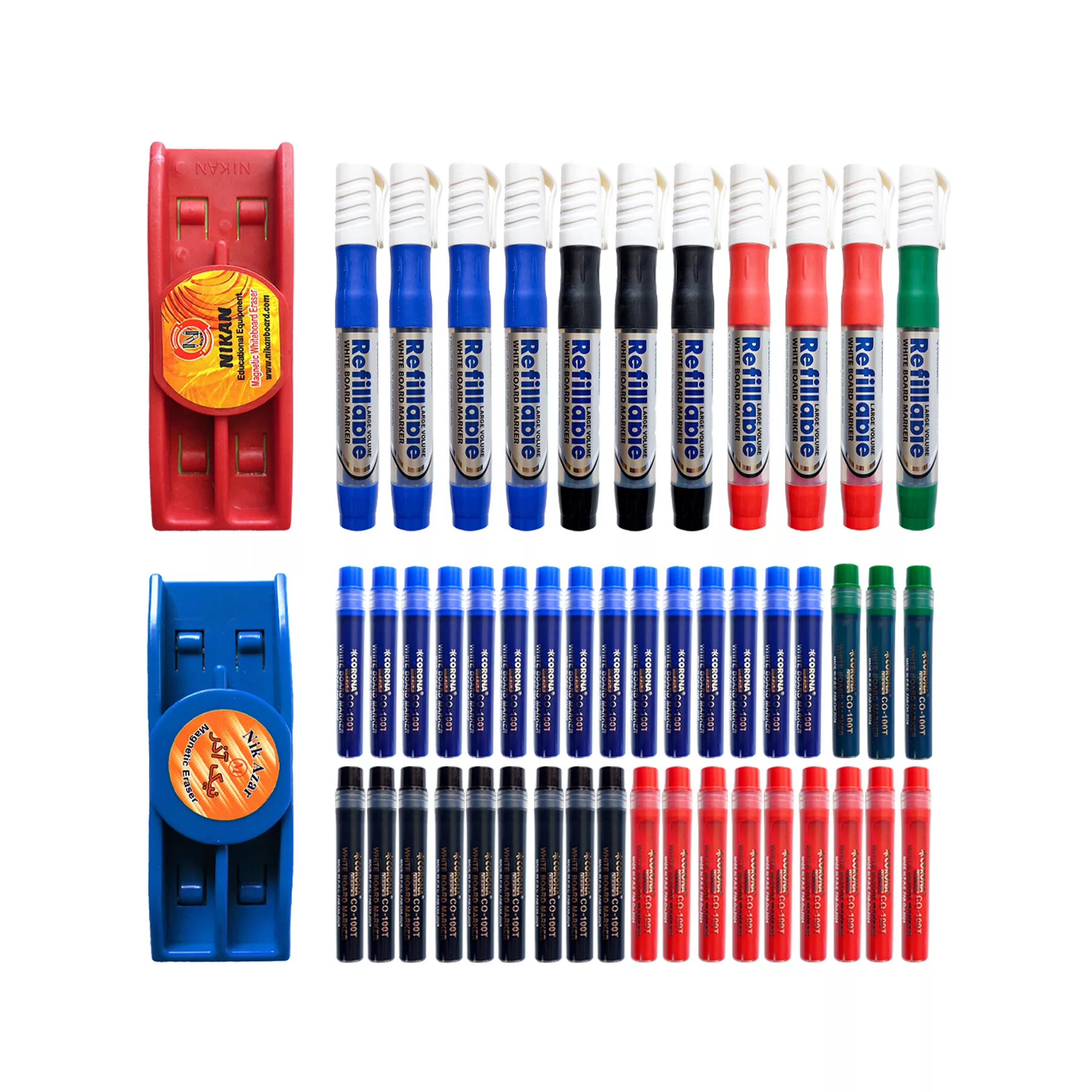 ماژیک وایت برد کرونا مدل تخت طرح شارژی به همراه یدک و تخته پاک کن مغناطیسی بسته 50 عددی
