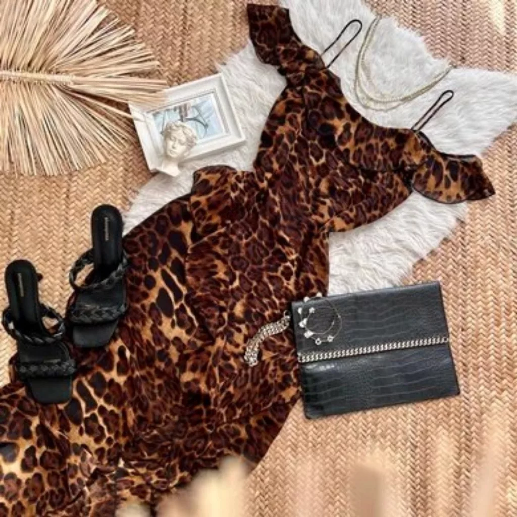 پیراهن یقه قایقی زنانه مدل پلنگی بلا رنگ قهوهای