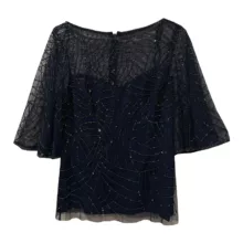 بلوز آستین کوتاه یقه گرد زنانه مدل JL3554 رنگ سورمه ای