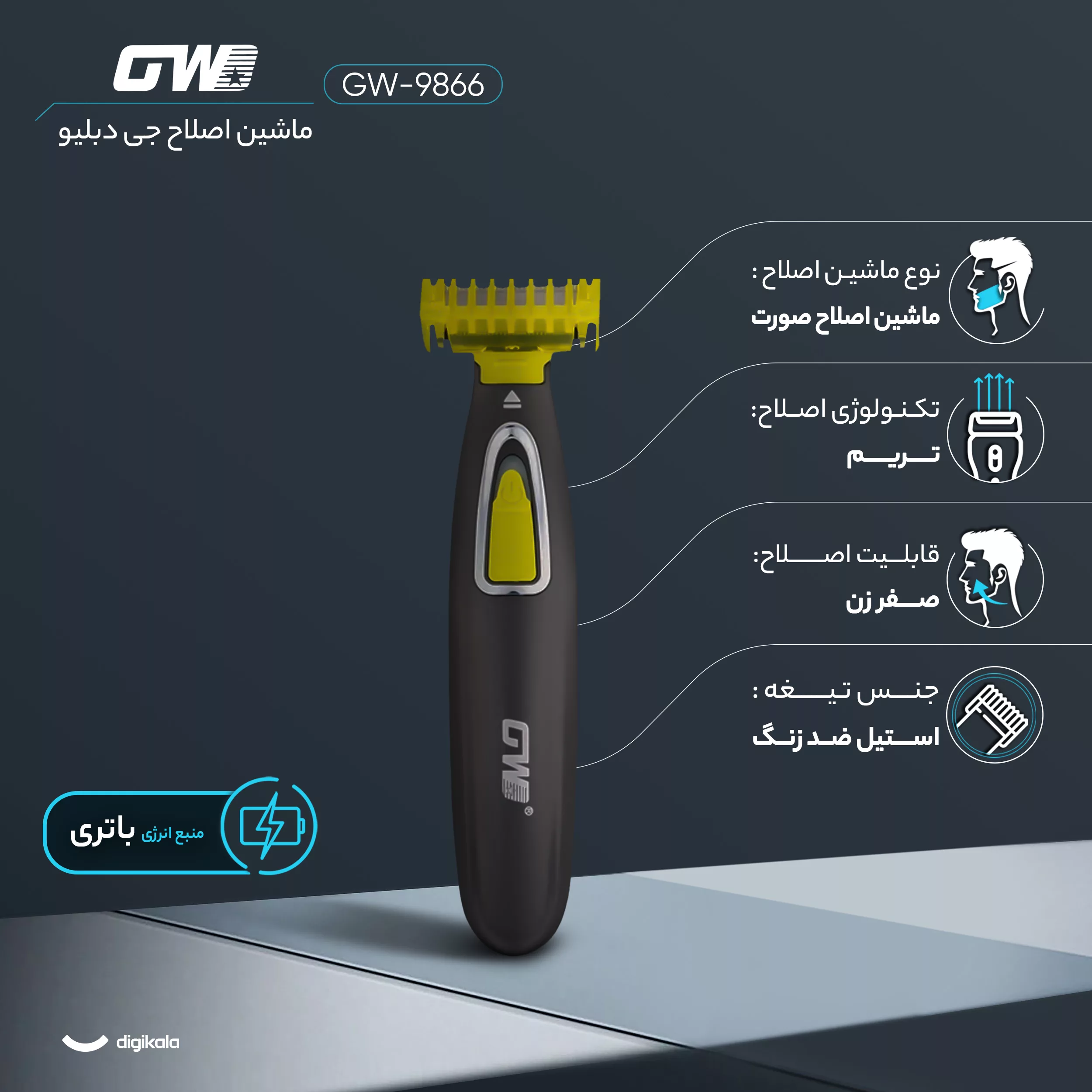 ماشین اصلاح موی صورت شارژی جی دبلیو مدل GW-9866، اصلاح به صورت صفر زن، طراحی ارگونومیک، منبع انرژی با باتری، تکنولوژی اصلاح به صورت تریمر، اندازه اصلاح 0.1 میلیمتر، مدت زمان شارژ 480 دقیقه، دارای بدنه ضد لغزش، به همراه برس تمیزکننده و کابل شارژ USB