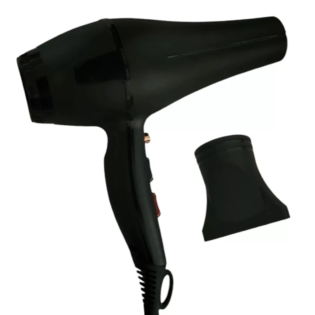 سشوار حرفهای مدل professional، موتور AC، توان مصرفی 9000 وات، دارای قابلیت باد سرد، فناوری تولید یون، تعویض سری، طراحی ارگونومیک، با حالت حجمدهنده، وزن 539 گرم، تنظیم حرارت 3 حالته و کنترل سرعت 2 حالته، به همراه سری متمرکزکننده پهن