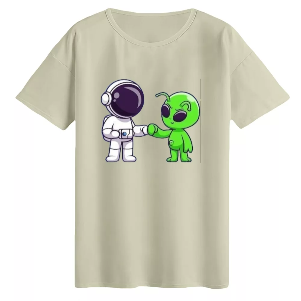 تی‌شرت لانگ آستین کوتاه زنانه مدل فضانورد و آدم فضایی رنگ کرم