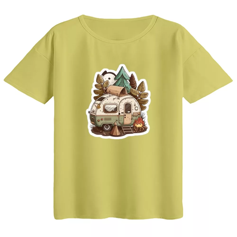 تی‌شرت  اورسایز آستین کوتاه زنانه مدل باکسی طرح کمپ رنگ لیمویی