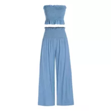 ست تاپ و شلوار زنانه مدل دم پا گشاد تابستانی رنگ آبی روشن