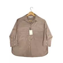 شومیز آستین سه ربع یقه انگلیسی زنانه مدل جیب دار رنگ نسکافهای