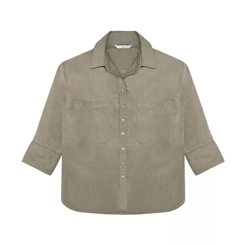 شومیز آستین سه ربع یقه دکمه دار زنانه مدل دکمه صدفی رنگ سبز