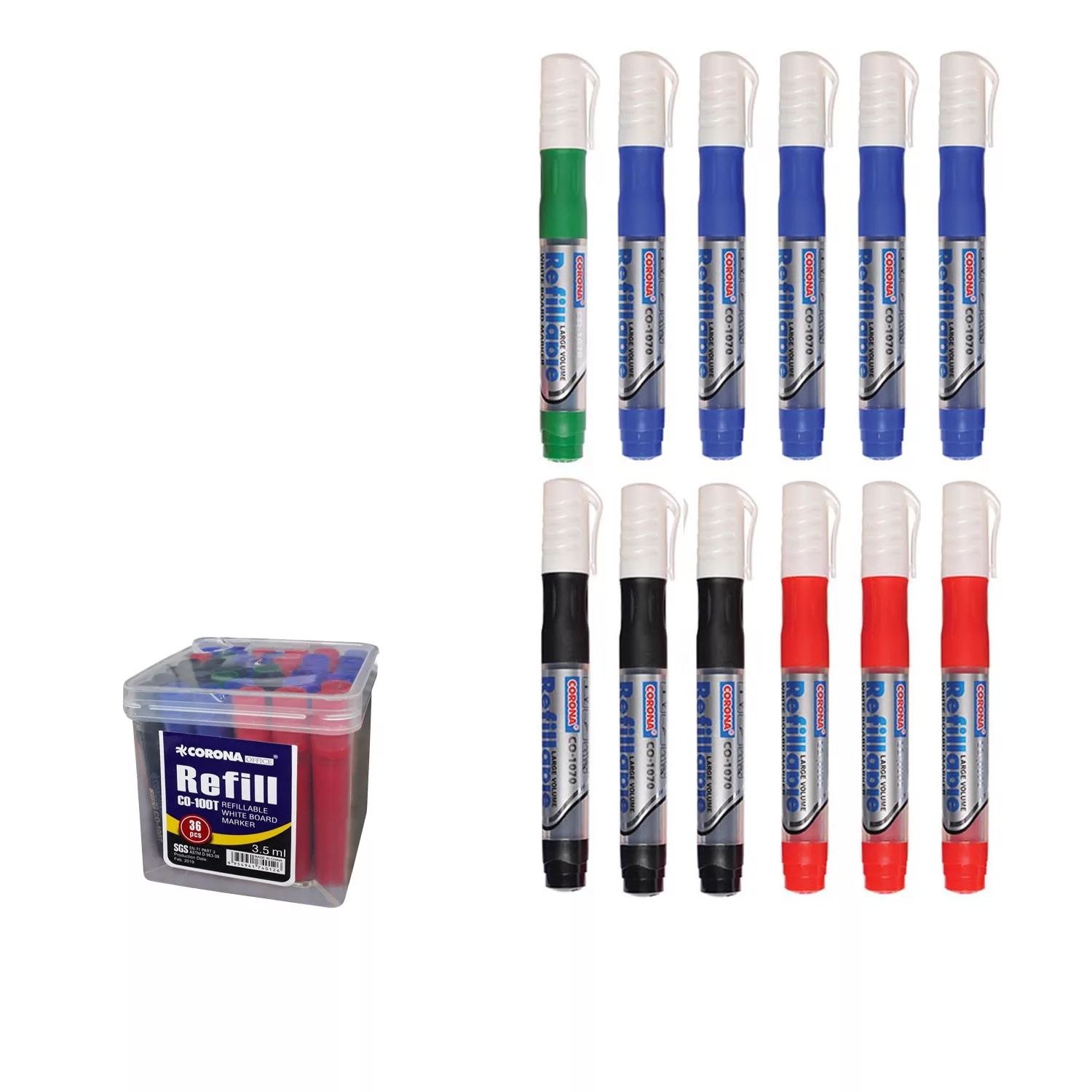 ماژیک وایت برد کرونا مدل Refillable کد CO-1090 بسته 12 عددی به همراه جوهر یدک