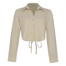 کراپ شومیز آستین بلند یقه برگردان زنانه نیزل مدل 1257 رنگ کرم