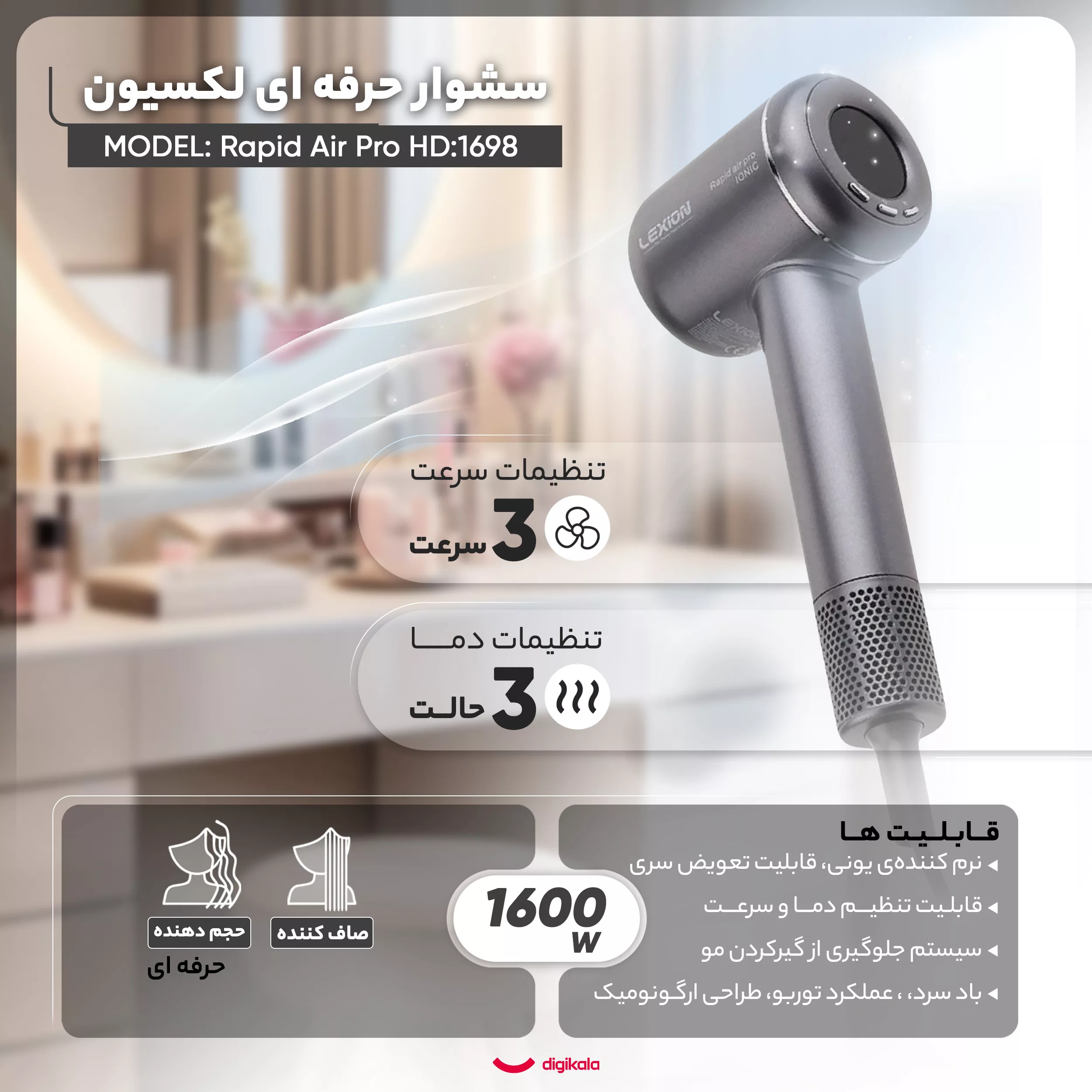 سشوار حرفه ای لکسیون مدل Rapid Air Pro HD:1698