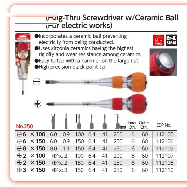 پیچ گوشتی ضربه خور وسل مدل ballgrip250(PH2x100) سایز 100 میلی متر