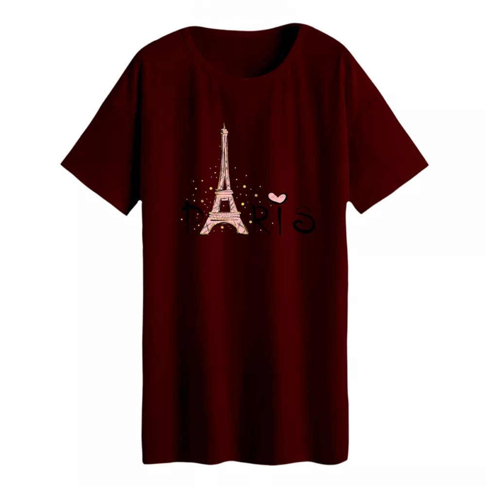 تی شرت لانگ زنانه مدل پاریس رنگ زرشکی