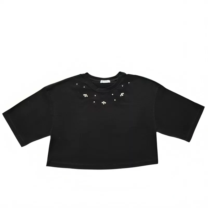 کراپ‌ تی‌شرت آستین کوتاه زنانه ایپلیک زی مدل سنگ دوزی کد IP11.2