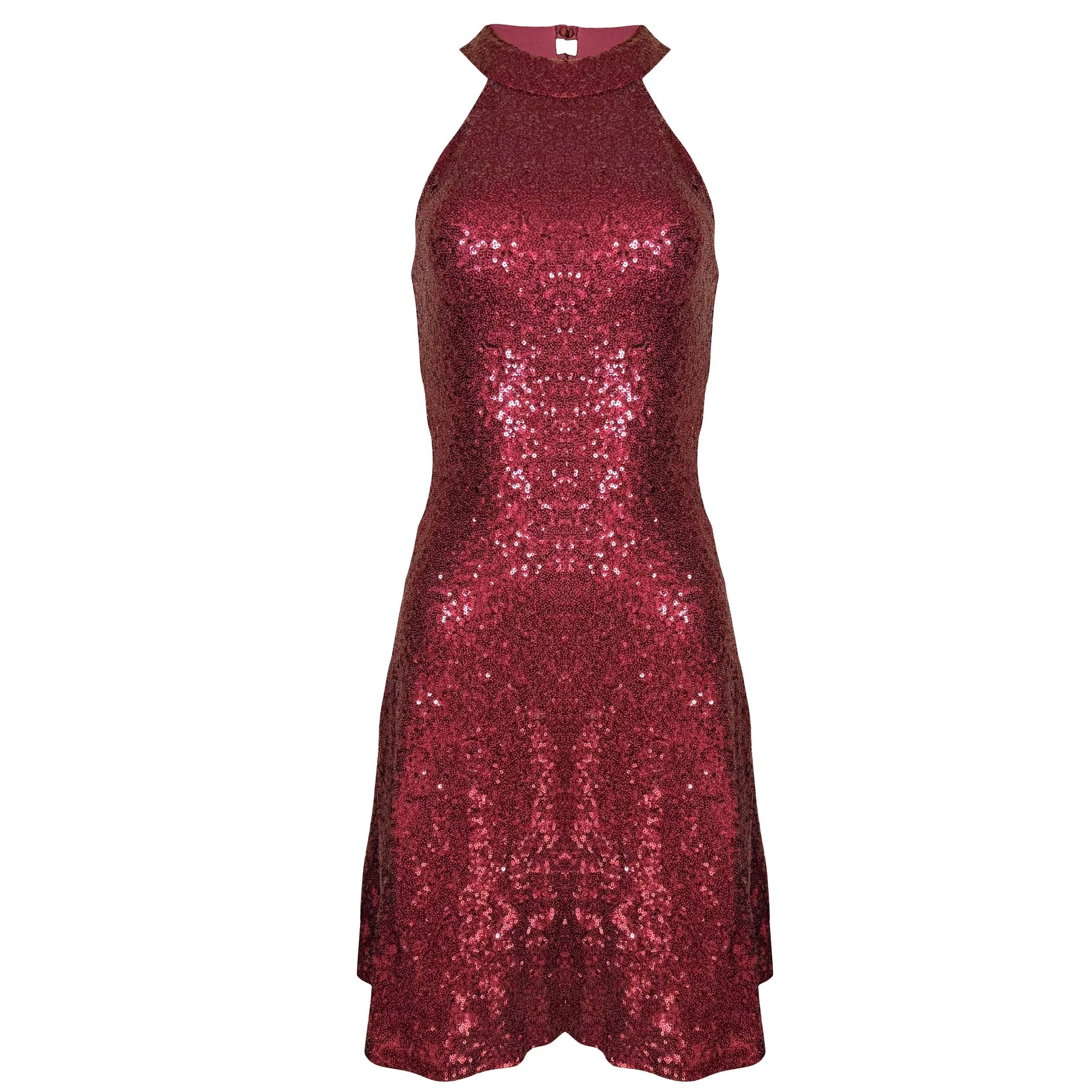 پیراهن یقه هالتر زنانه مدل عروسکی پولکی رنگ قرمز تیره