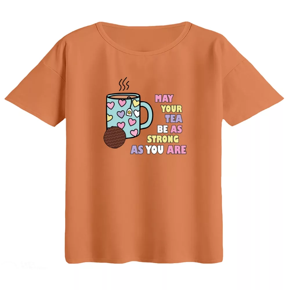 تی‌شرت  اورسایز آستین کوتاه زنانه مدل باکسی طرح چای و کوکی رنگ گلبهی