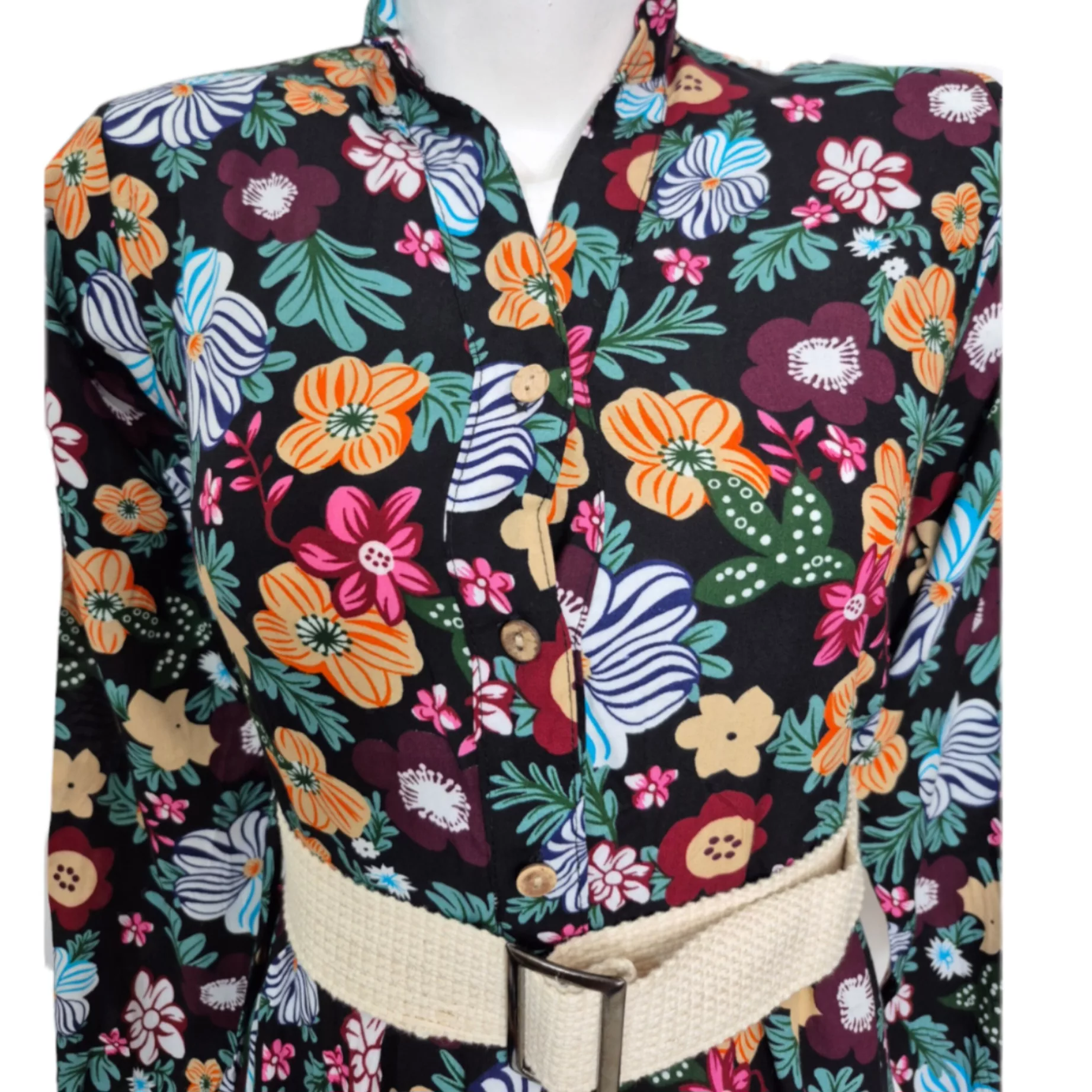 پیراهن یقه هفت زنانه مدل نخی گلدار رنگ مشکی